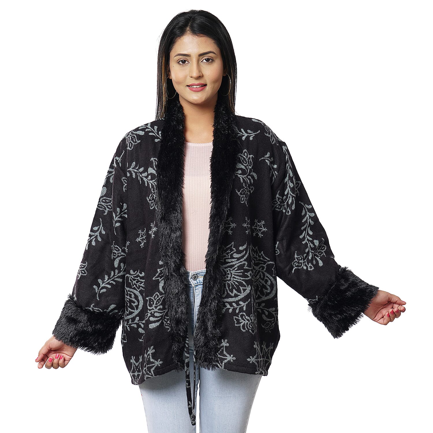 Floral Damask Pattern Cosy Jacquard Jacket with Faux Fur Trim and Long Sleeve (Size M-L, 10-16) - Black