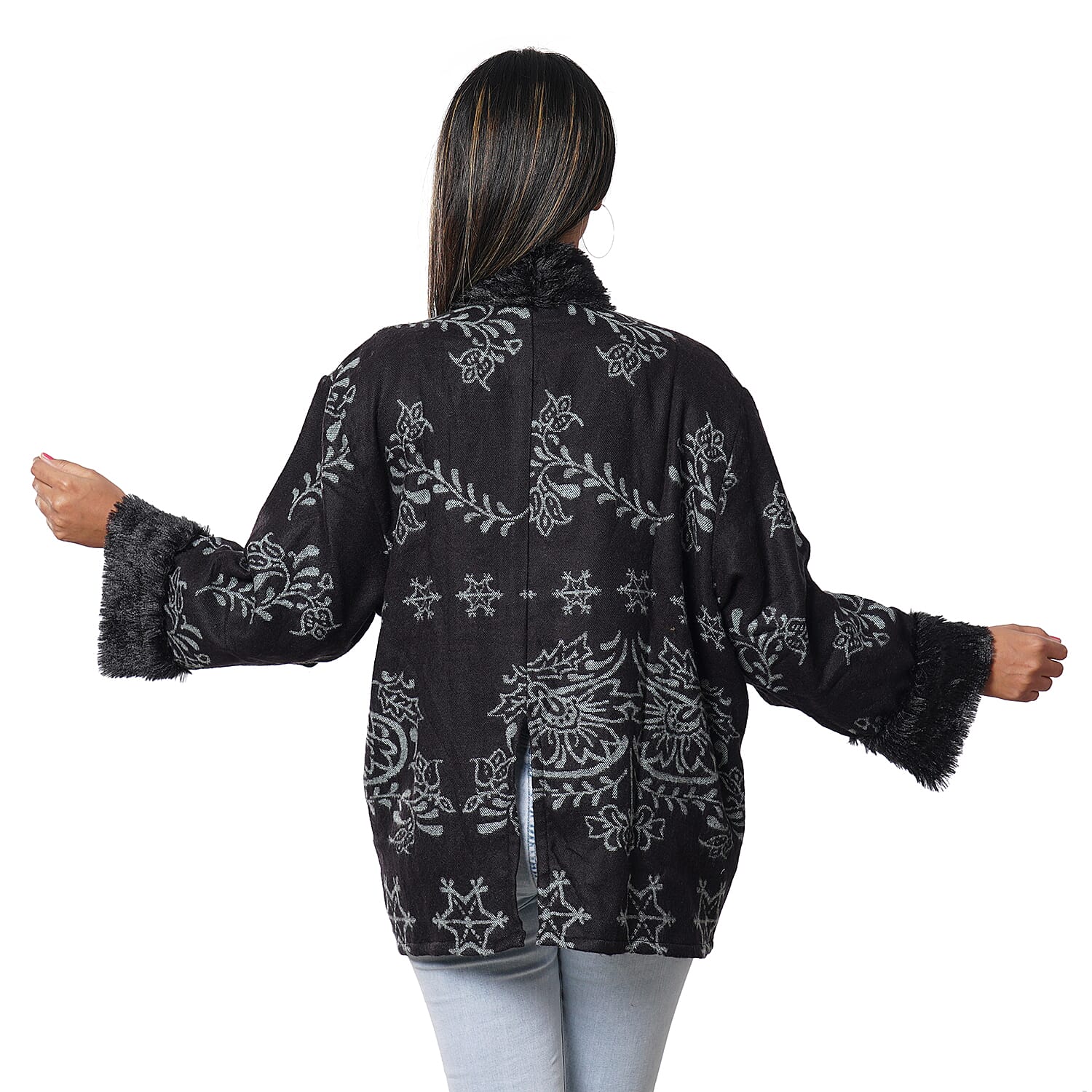 Floral Damask Pattern Cosy Jacquard Jacket with Faux Fur Trim and Long Sleeve (Size M-L, 10-16) - Black