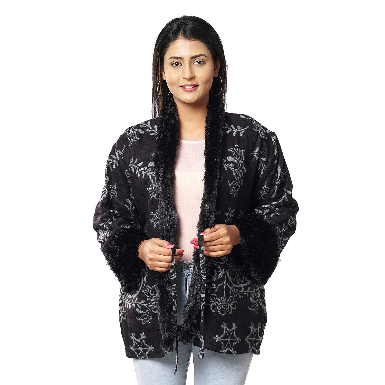 Floral Damask Pattern Cosy Jacquard Jacket with Faux Fur Trim and Long Sleeve (Size M-L, 10-16) - Black