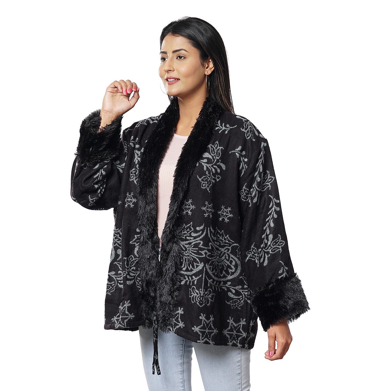 Floral Damask Pattern Cosy Jacquard Jacket with Faux Fur Trim and Long Sleeve (Size M-L, 10-16) - Black