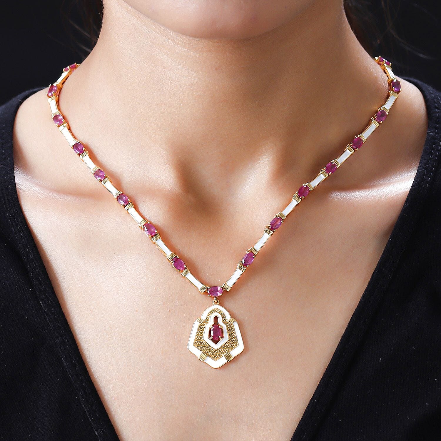Limited Edition- African Ruby Enamelled Necklace (Size 18) in 18K Vermeil Gold Overlay Sterling Silver 15.00 Ct, Silver wt 25.46 Gms