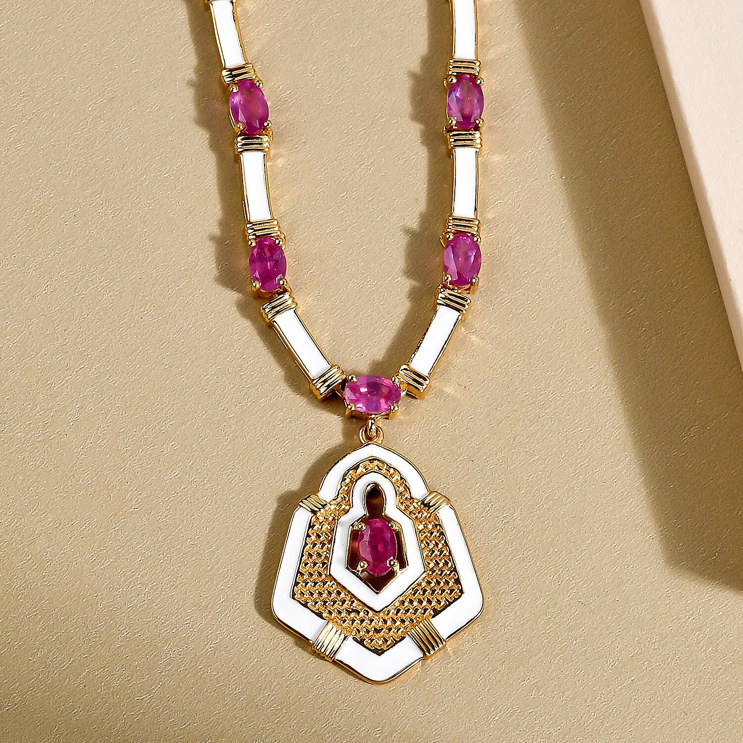 Limited Edition- African Ruby Enamelled Necklace (Size 18) in 18K Vermeil Gold Overlay Sterling Silver 15.00 Ct, Silver wt 25.46 Gms