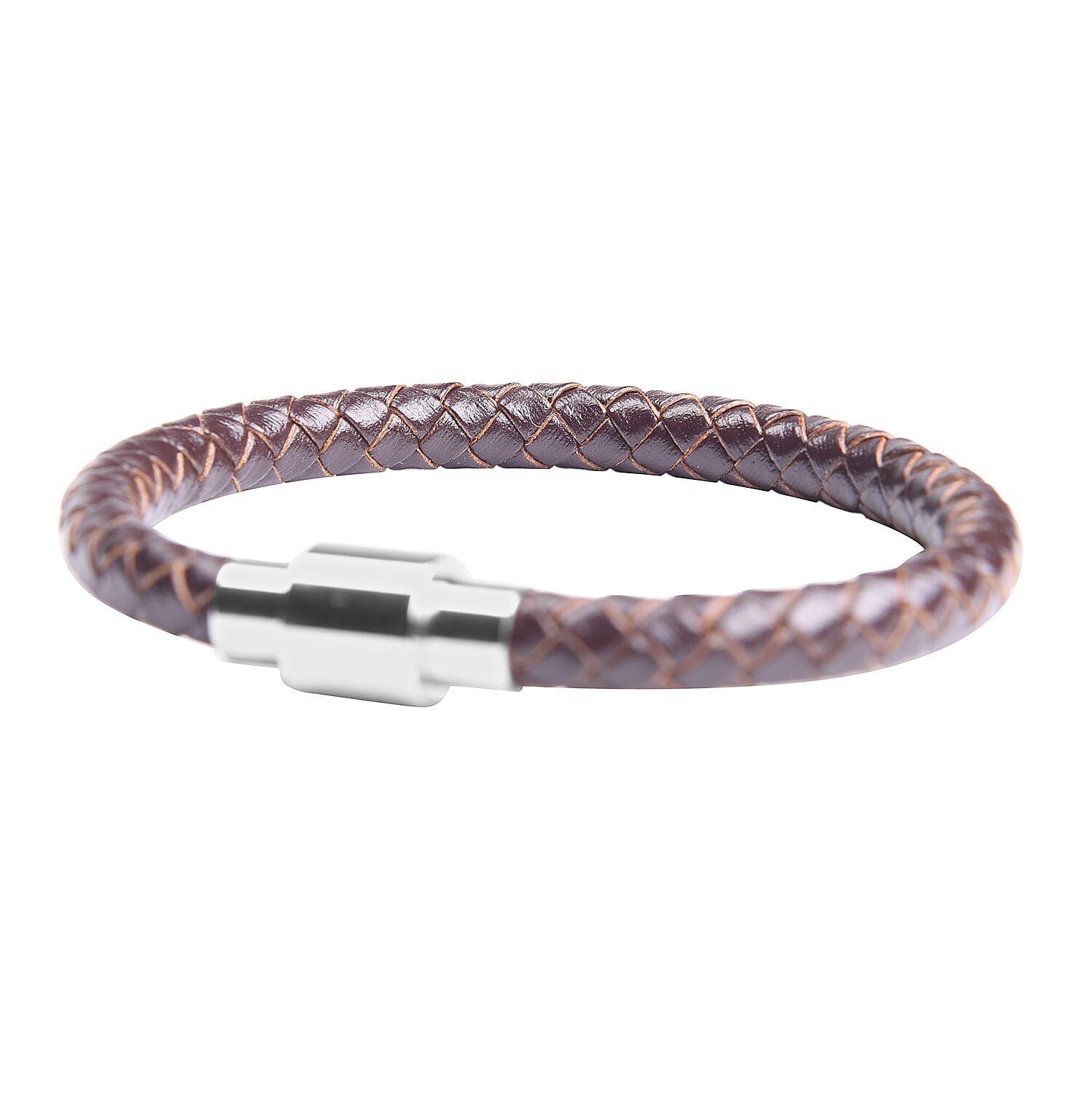 Genuine Braided Leather Bracelet (Size 7) in Stainless Steel - Brown