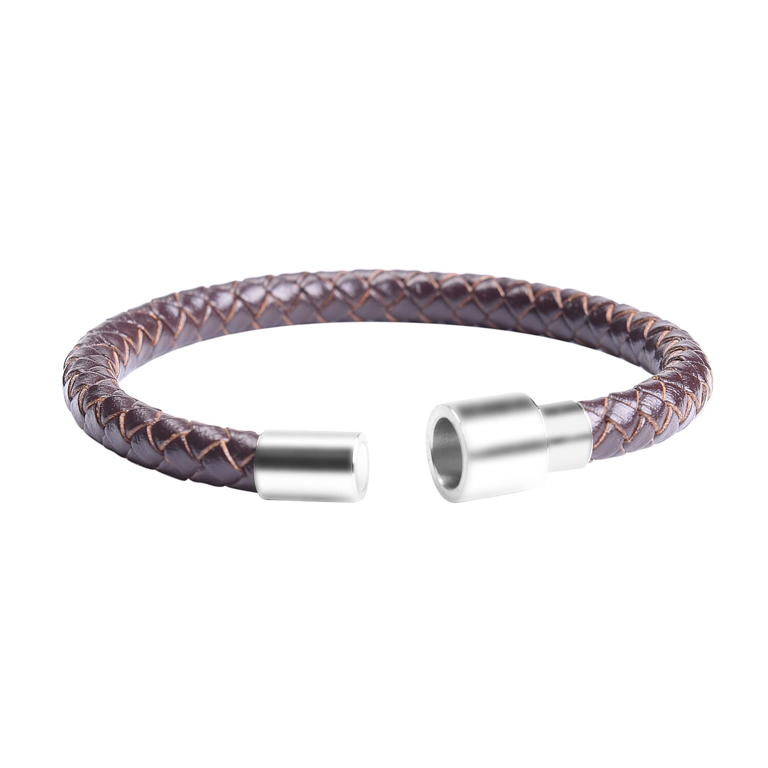 Genuine Braided Leather Bracelet (Size 7) in Stainless Steel - Brown