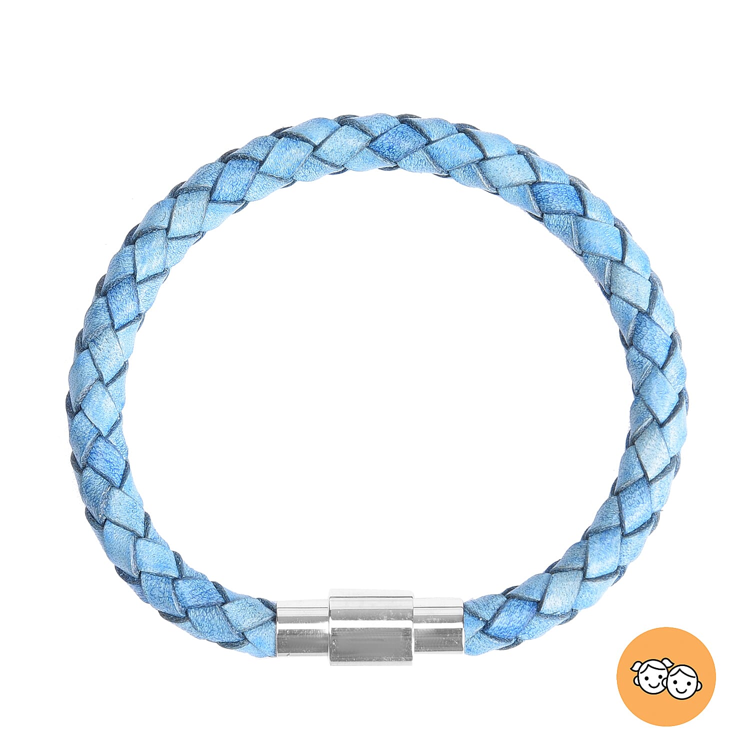 Genuine Braided Leather Bracelet (Size 7) in Stainless Steel - Blue