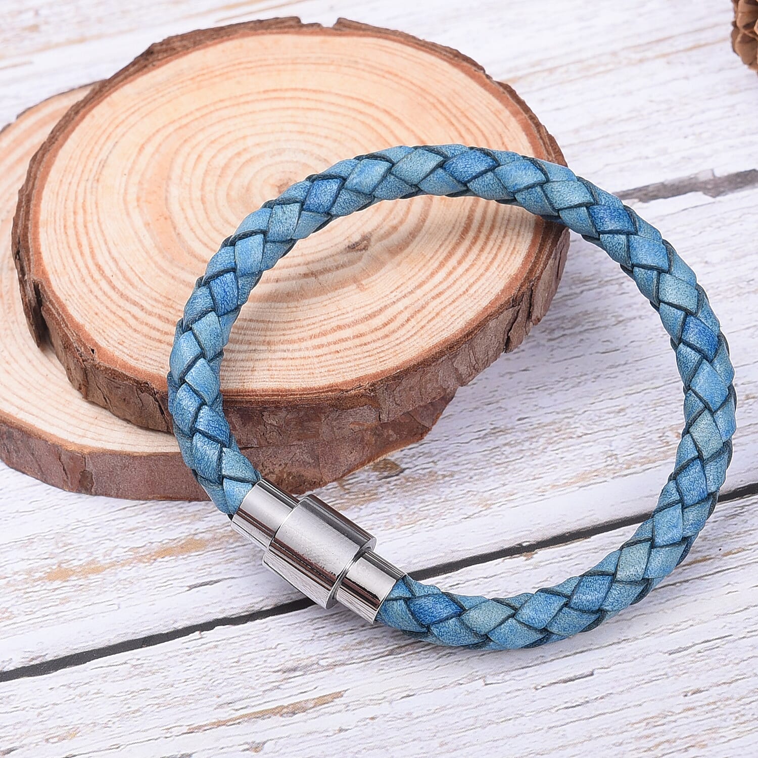 Genuine Braided Leather Bracelet (Size 7) in Stainless Steel - Blue