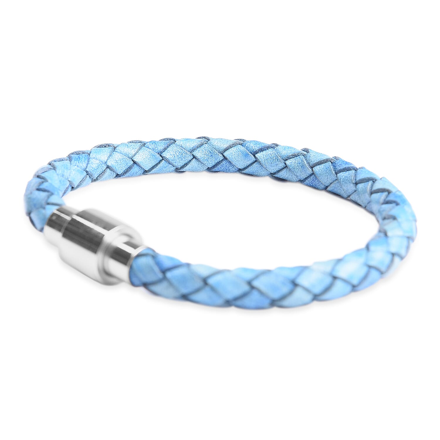 Genuine Braided Leather Bracelet (Size 7) in Stainless Steel - Blue