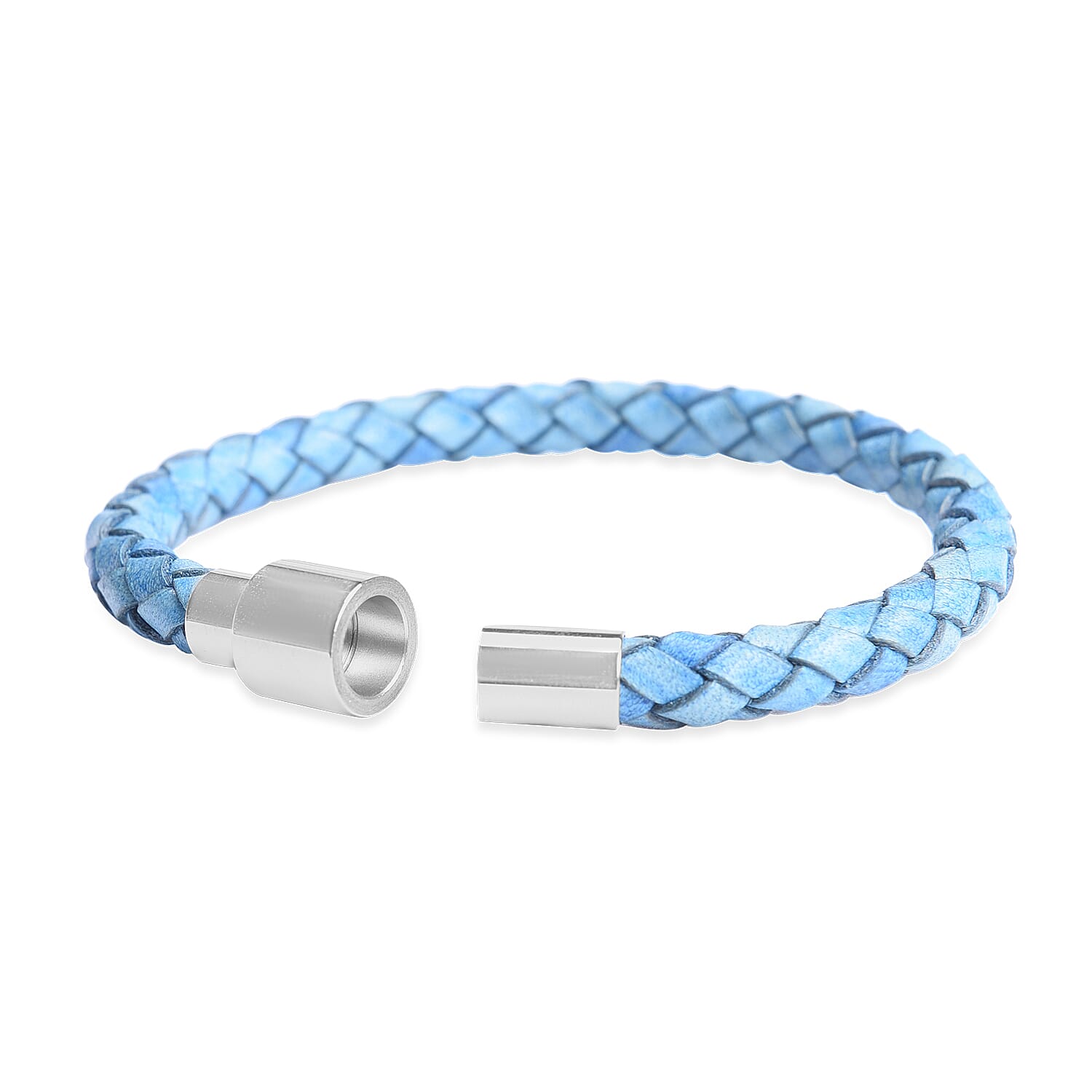 Genuine Braided Leather Bracelet (Size 7) in Stainless Steel - Blue