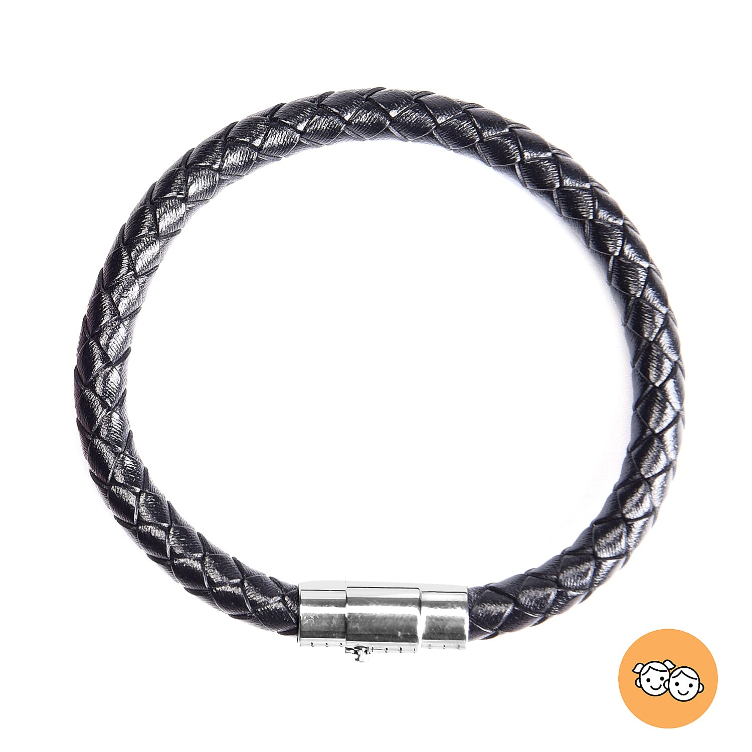 Genuine Braided Leather Bracelet (Size 7) in Stainless Steel - Black