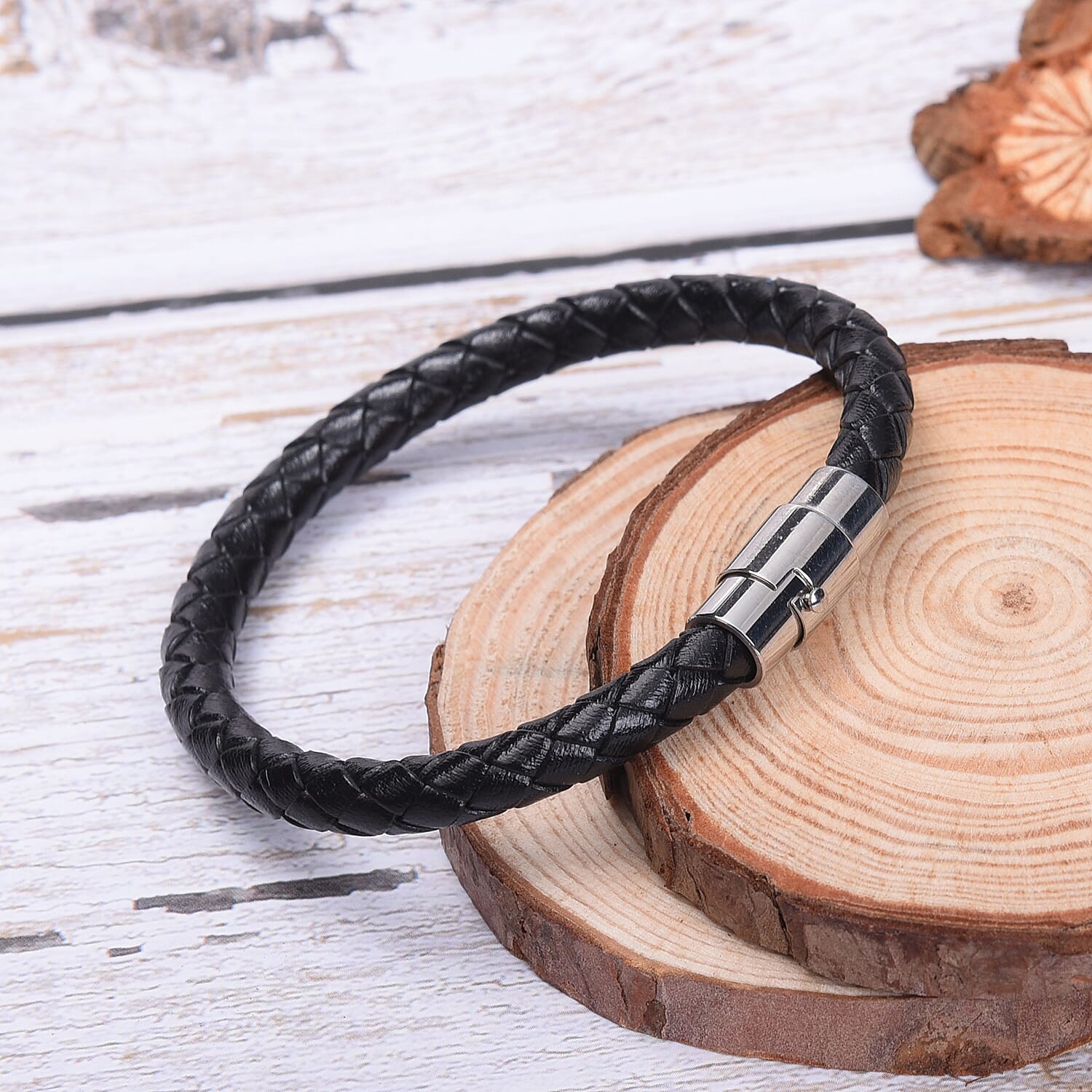 Genuine Braided Leather Bracelet (Size 7) in Stainless Steel - Black