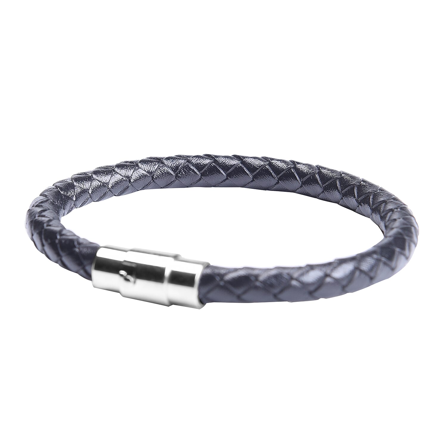 Genuine Braided Leather Bracelet (Size 7) in Stainless Steel - Black