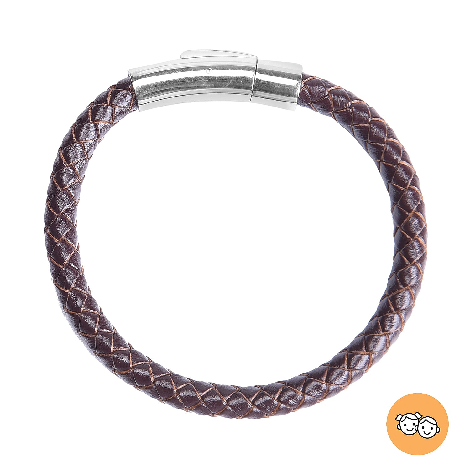 Genuine Braided Leather Bracelet (Size 7) in Stainless Steel - Brown