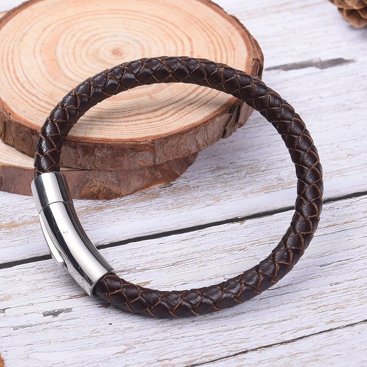 Genuine Braided Leather Bracelet (Size 7) in Stainless Steel - Brown