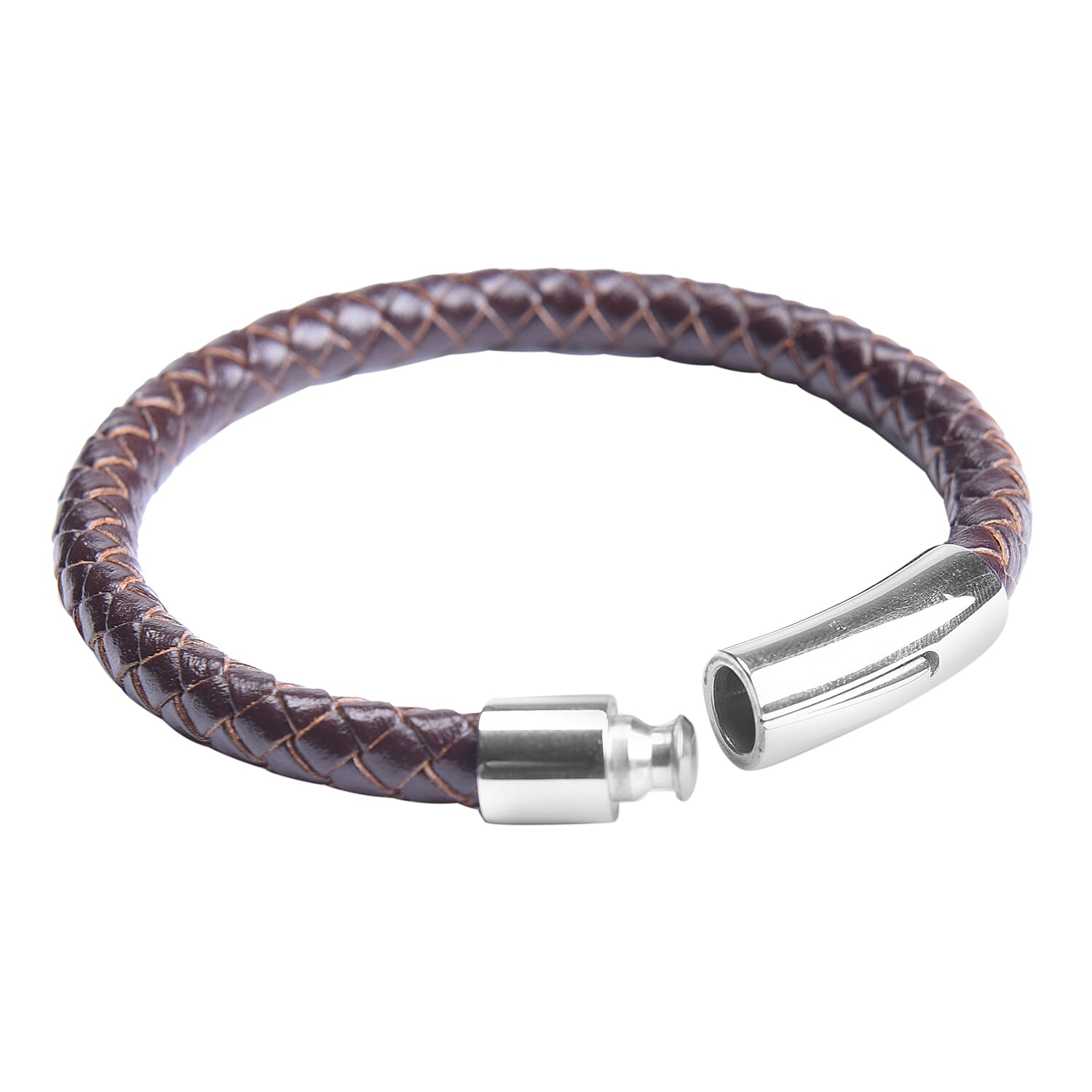 Genuine Braided Leather Bracelet (Size 7) in Stainless Steel - Brown