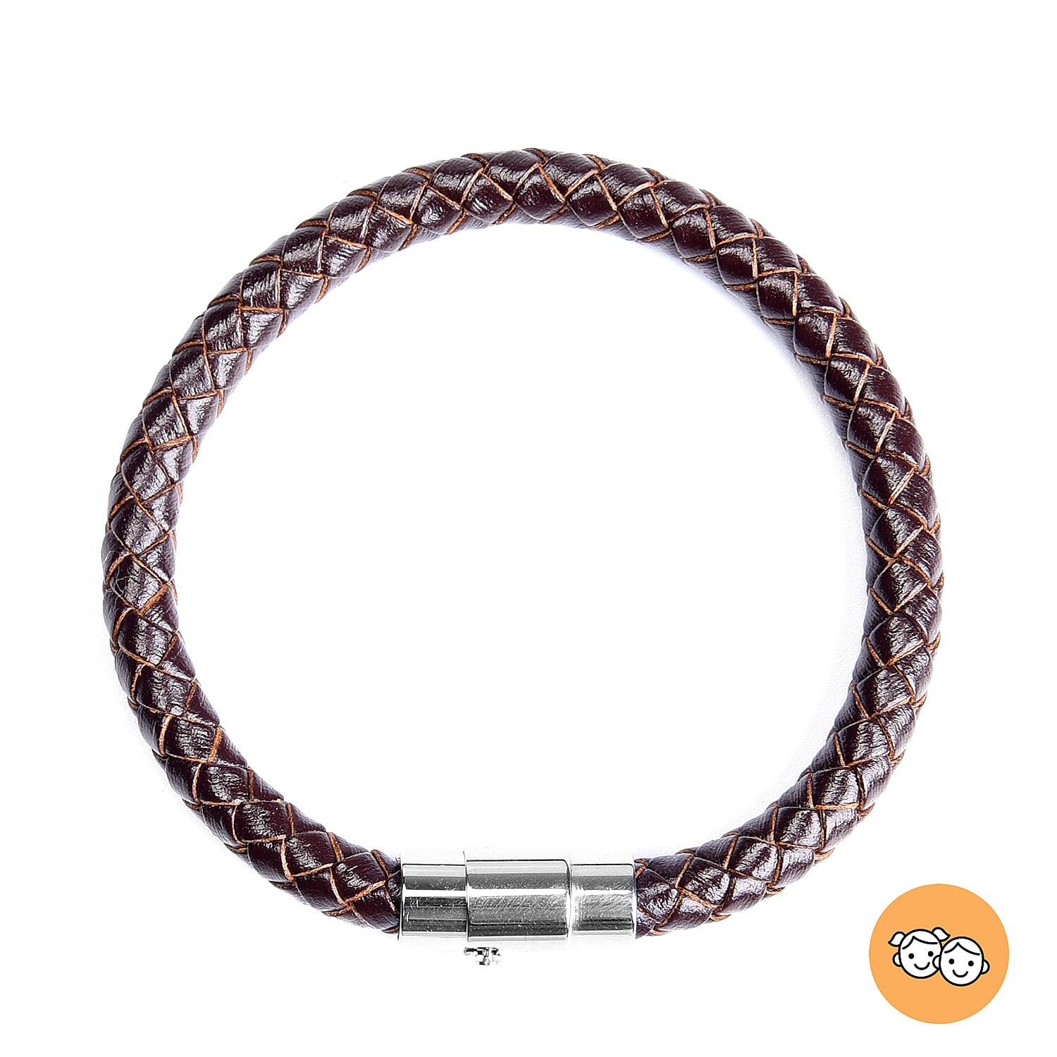 Genuine Braided Leather Bracelet (Size 7) in Stainless Steel - Brown