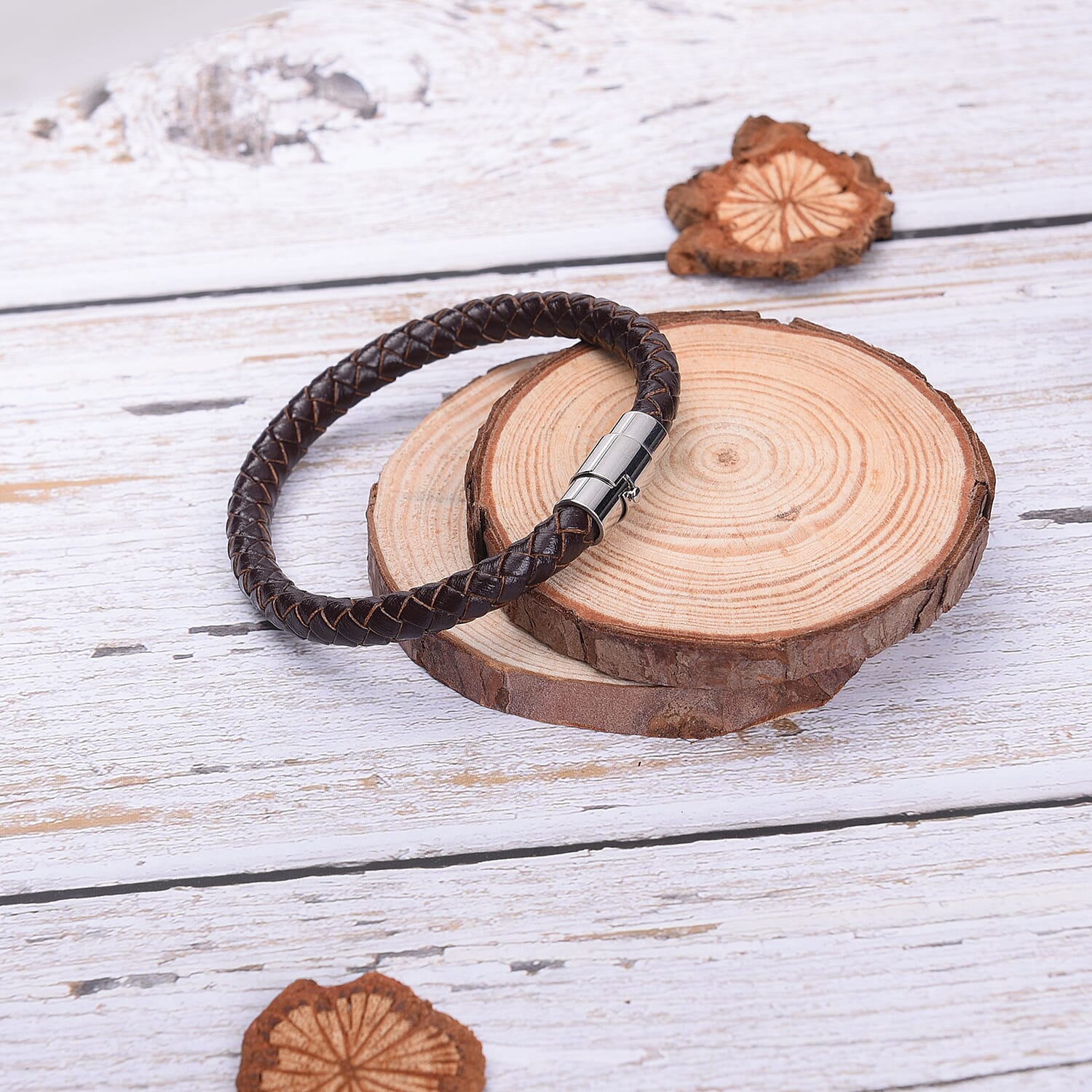 Genuine Braided Leather Bracelet (Size 7) in Stainless Steel - Brown