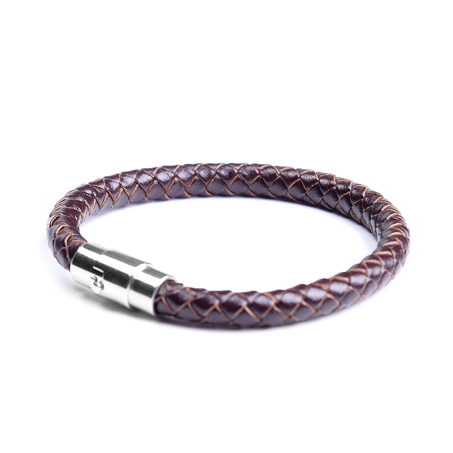 Genuine Braided Leather Bracelet (Size 7) in Stainless Steel - Brown