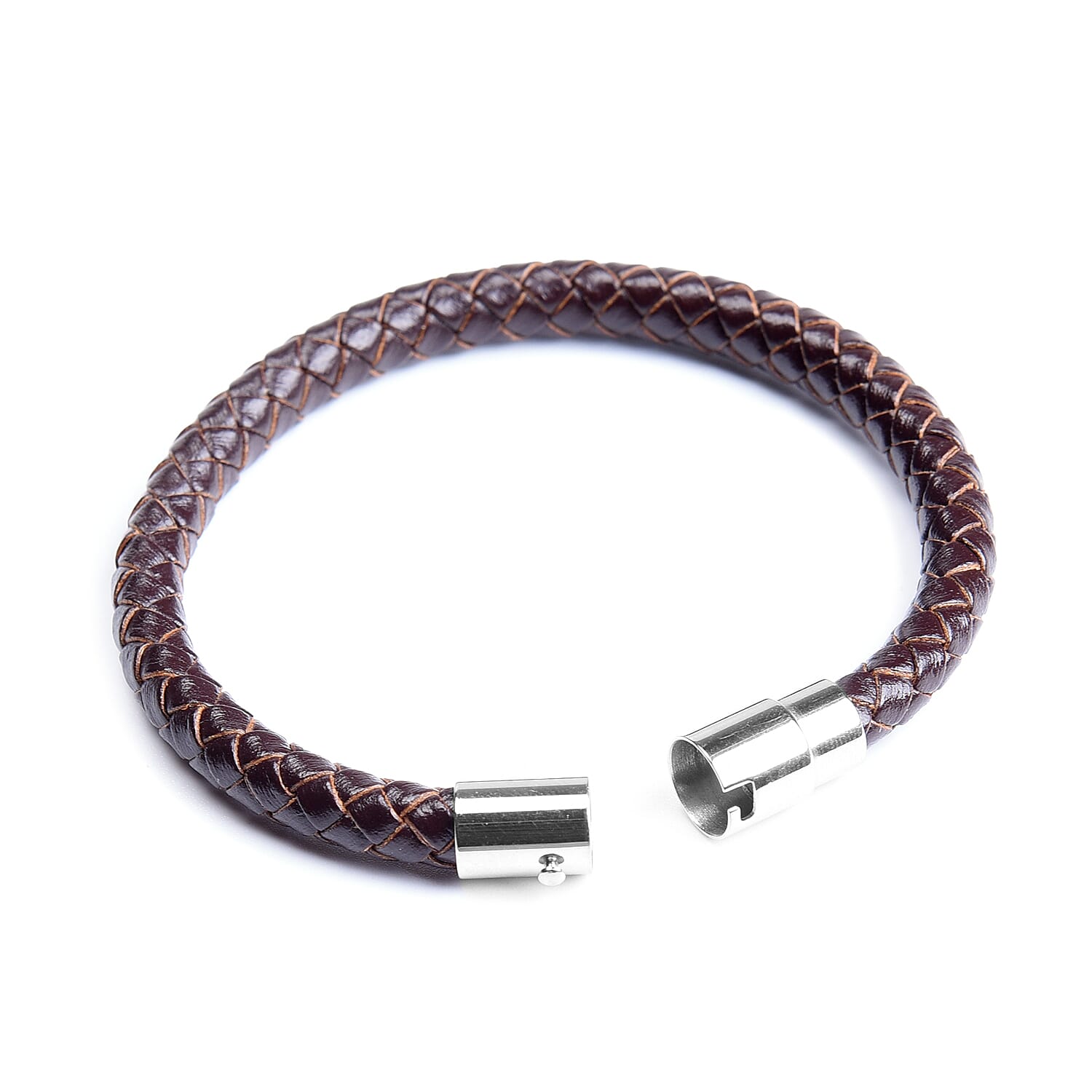 Genuine Braided Leather Bracelet (Size 7) in Stainless Steel - Brown