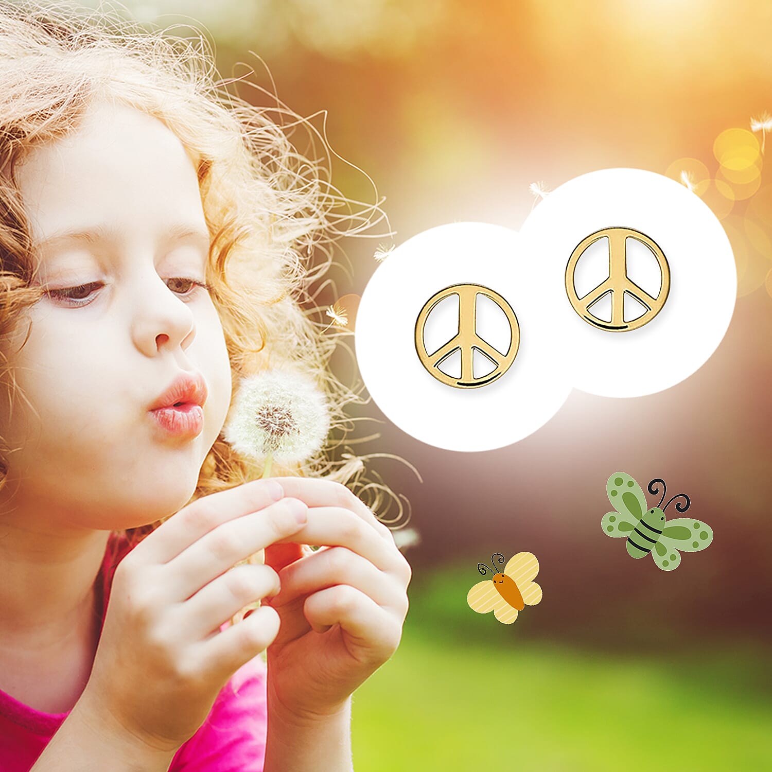 9K Yellow Gold Peace Sign Stud Earrings (with Push Back)