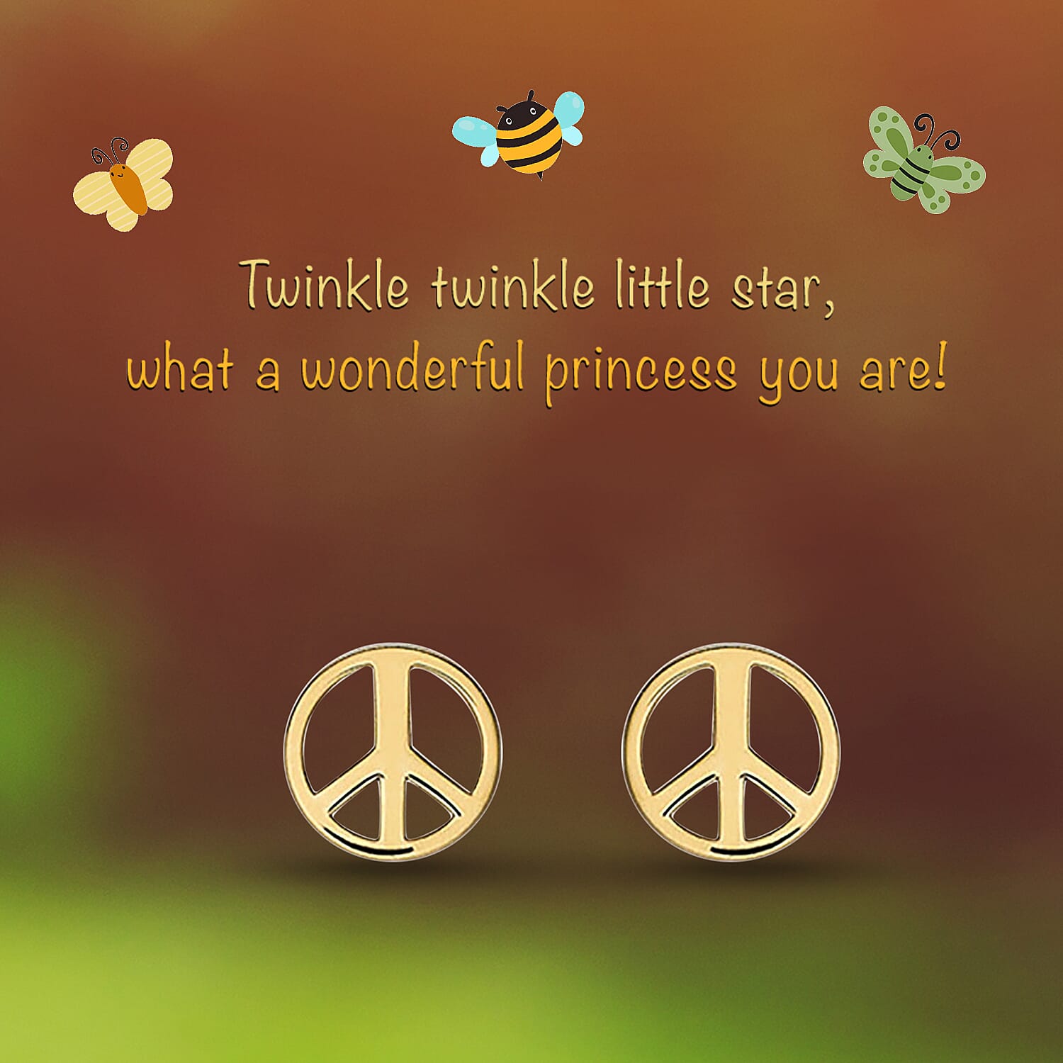 9K Yellow Gold Peace Sign Stud Earrings (with Push Back)