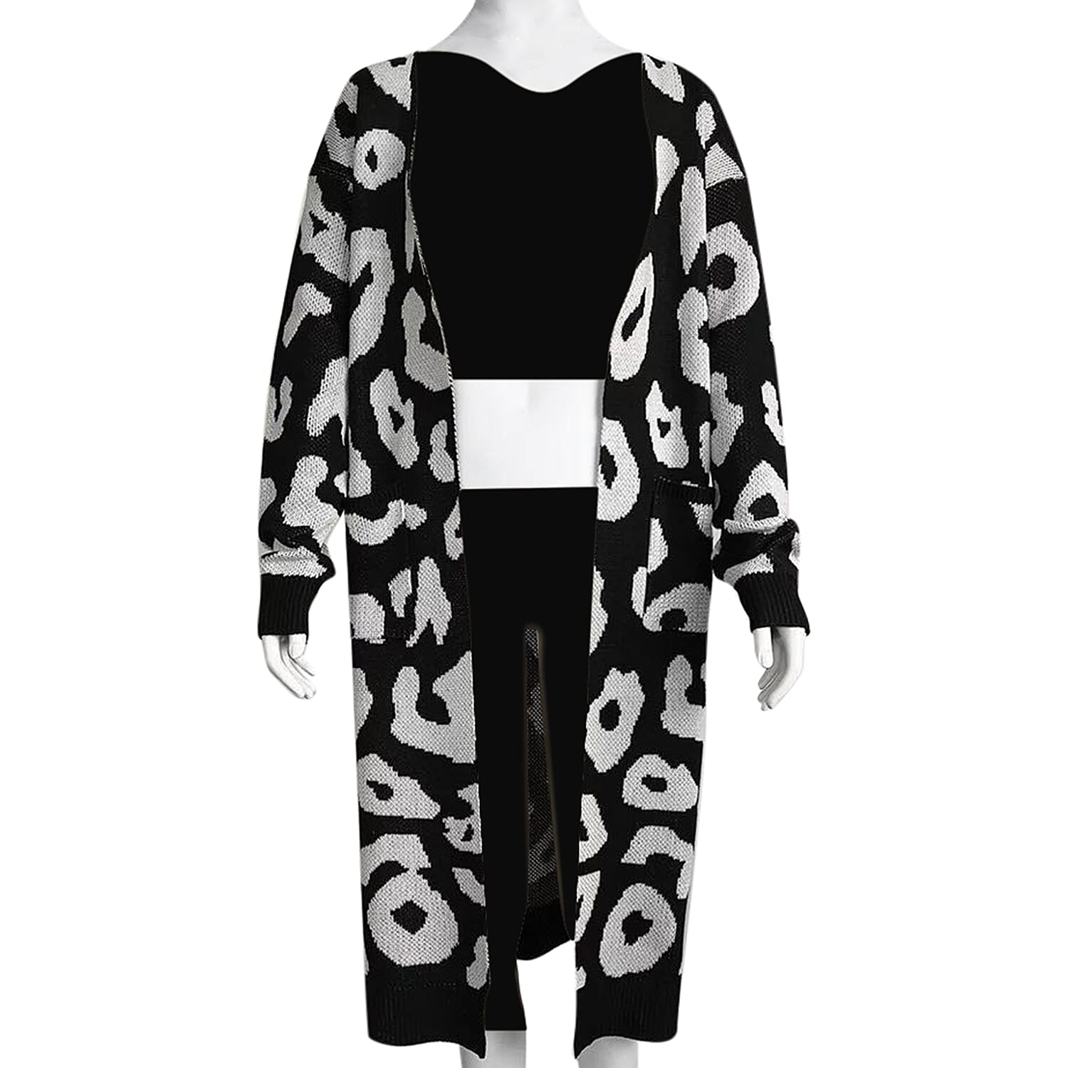Kris Ana Animal Print Longline Wool Cardigan One Size (8-18) - Black