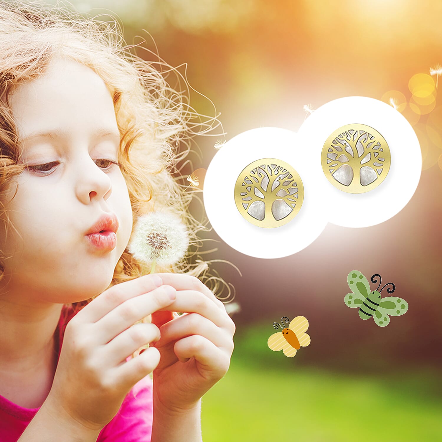 9K Yellow Gold Mother of Pearl Tree-of-Life Stud Earrings (with Push Back)