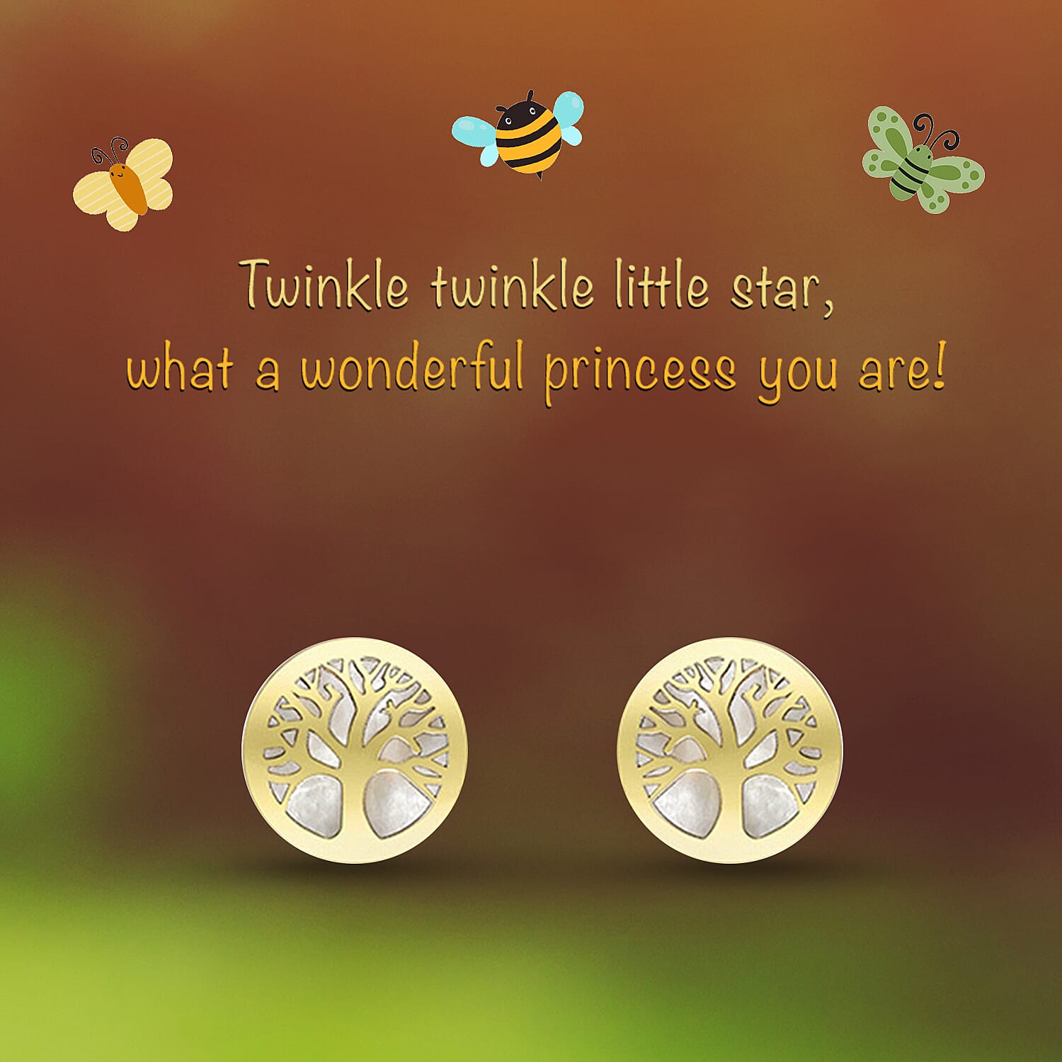 9K Yellow Gold Mother of Pearl Tree-of-Life Stud Earrings (with Push Back)