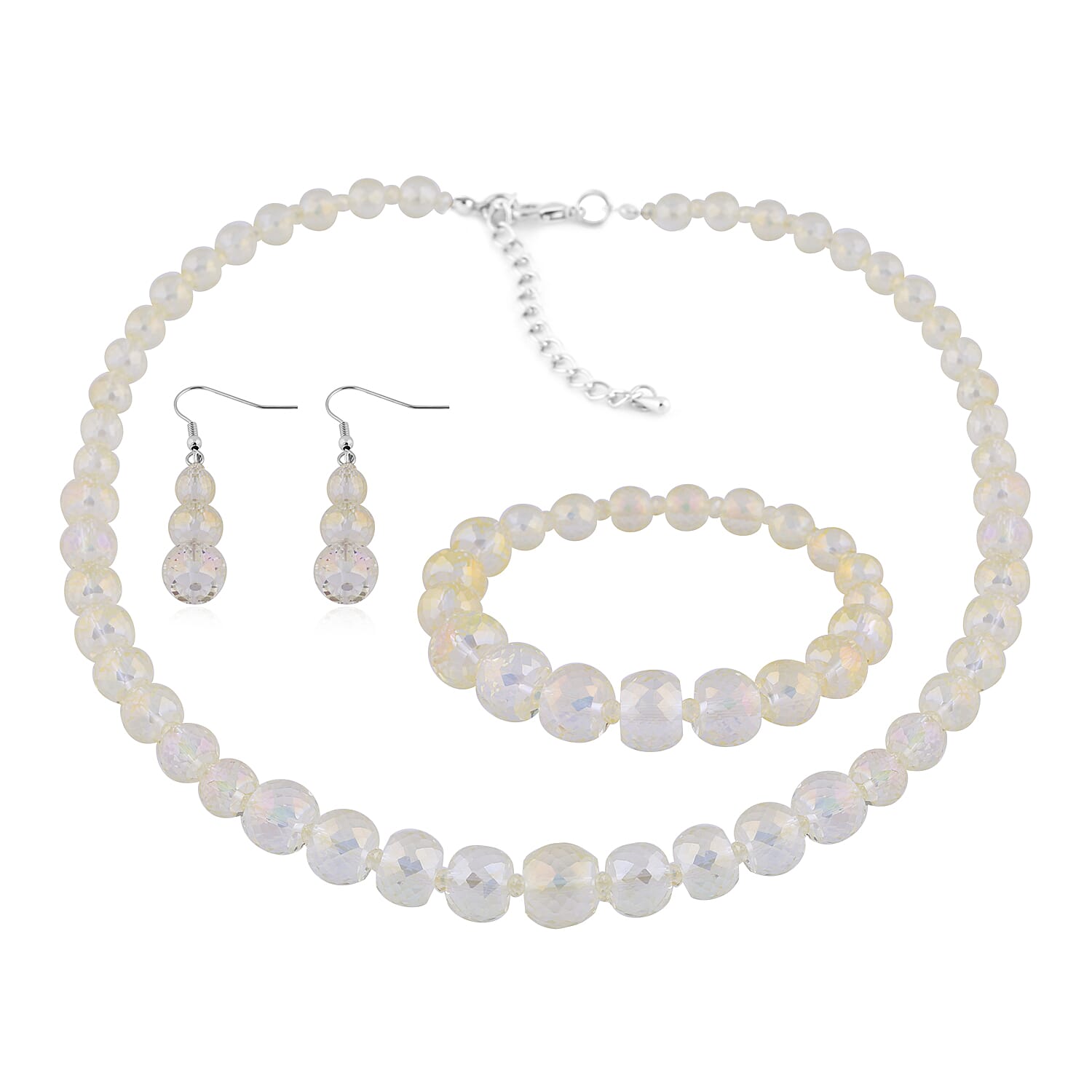 3 Piece Set - Simulated Champagne Topaz Beaded Necklace (Size 20 with 3 inch Extender), Stretchable Bracelet (Size 6.5) and Hook Earrings in Silver Tone