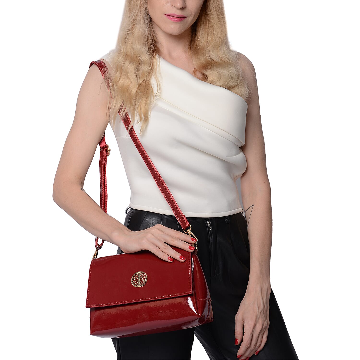 100% Genuine Leather Crossbody Bag with Adjustable Shoulder Starp (25x9.5x17cm) - Burgundy