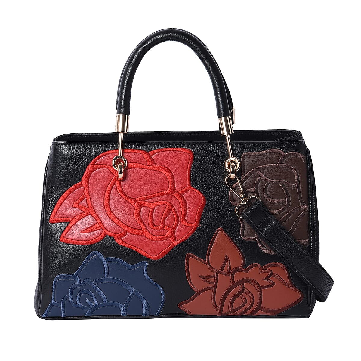 100 Genuine Leather Flower Patterned Handbag with Adjustable Shoulder Starp 30x12x19cm Black and Multi Colour