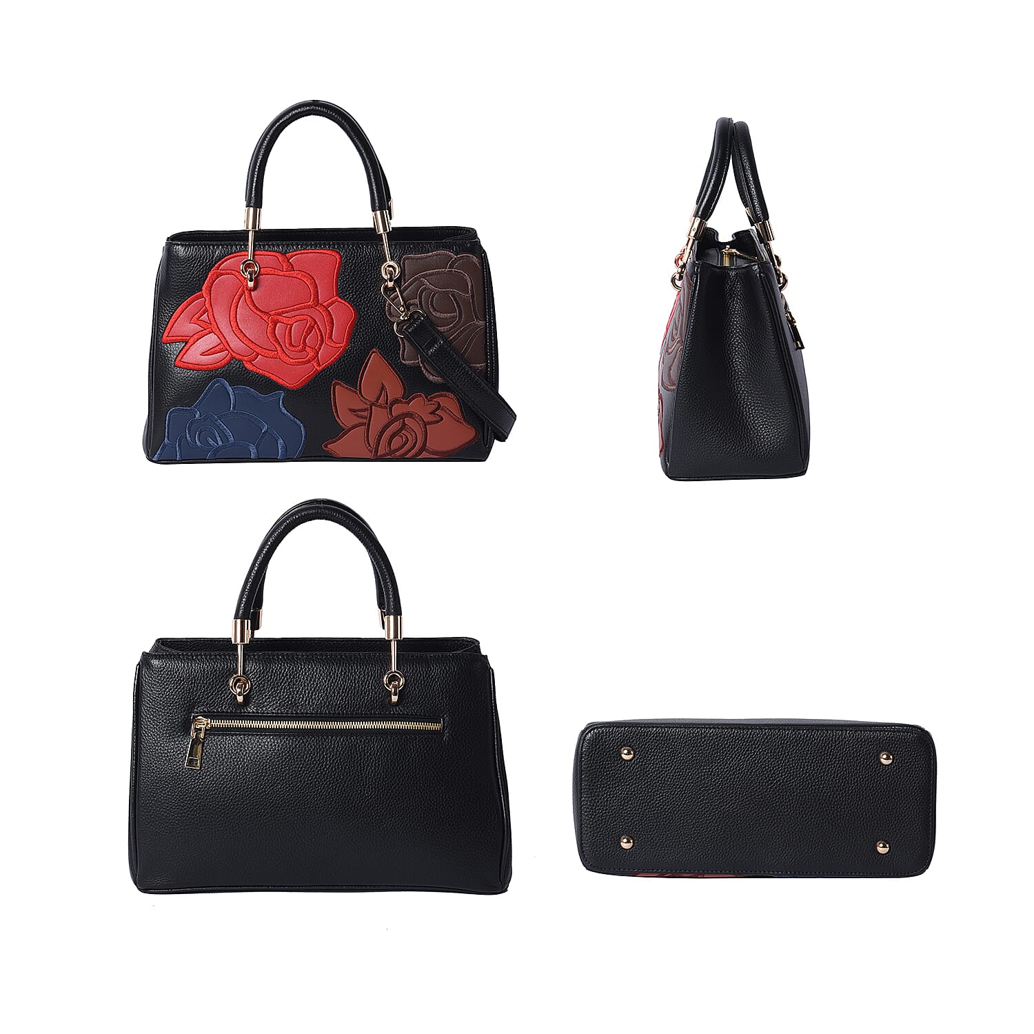 100% Genuine Leather Flower Patterned Handbag with Adjustable Shoulder Starp (30x12x19cm) - Black and Multi Colour