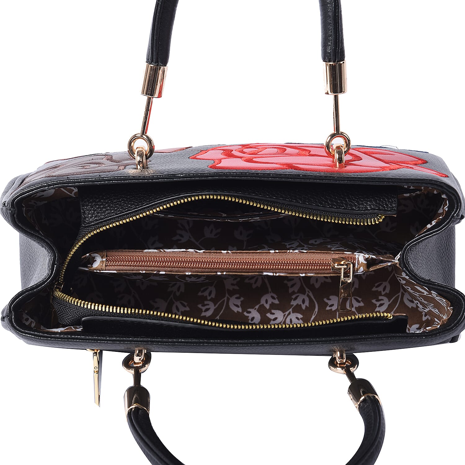 100% Genuine Leather Flower Patterned Handbag with Adjustable Shoulder Starp (30x12x19cm) - Black and Multi Colour