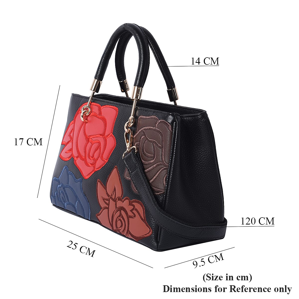 100% Genuine Leather Flower Patterned Handbag with Adjustable Shoulder Starp (30x12x19cm) - Black and Multi Colour