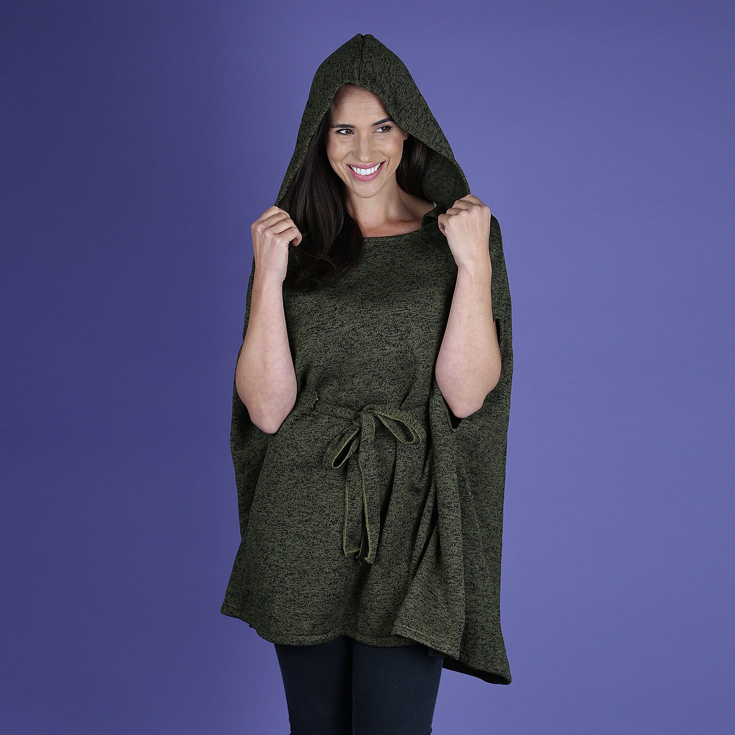 Green Knitted Poncho with Waistbelt (Size 55x77cm)