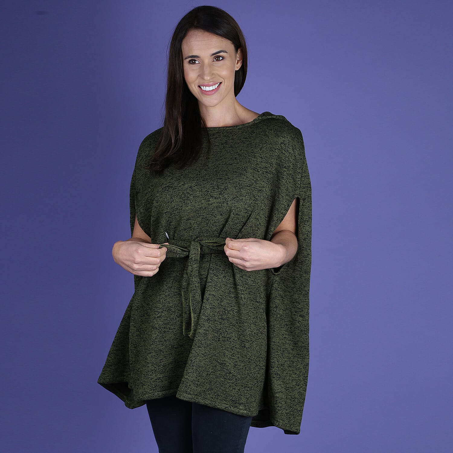 Green Knitted Poncho with Waistbelt (Size 55x77cm)