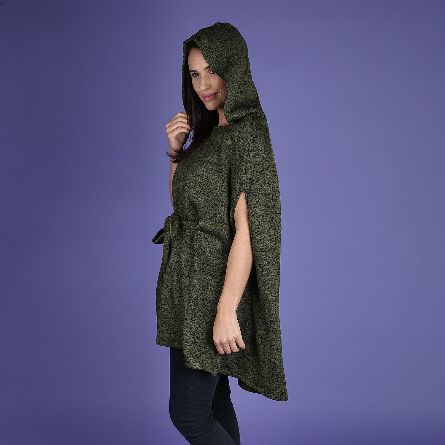 Green Knitted Poncho with Waistbelt (Size 55x77cm)