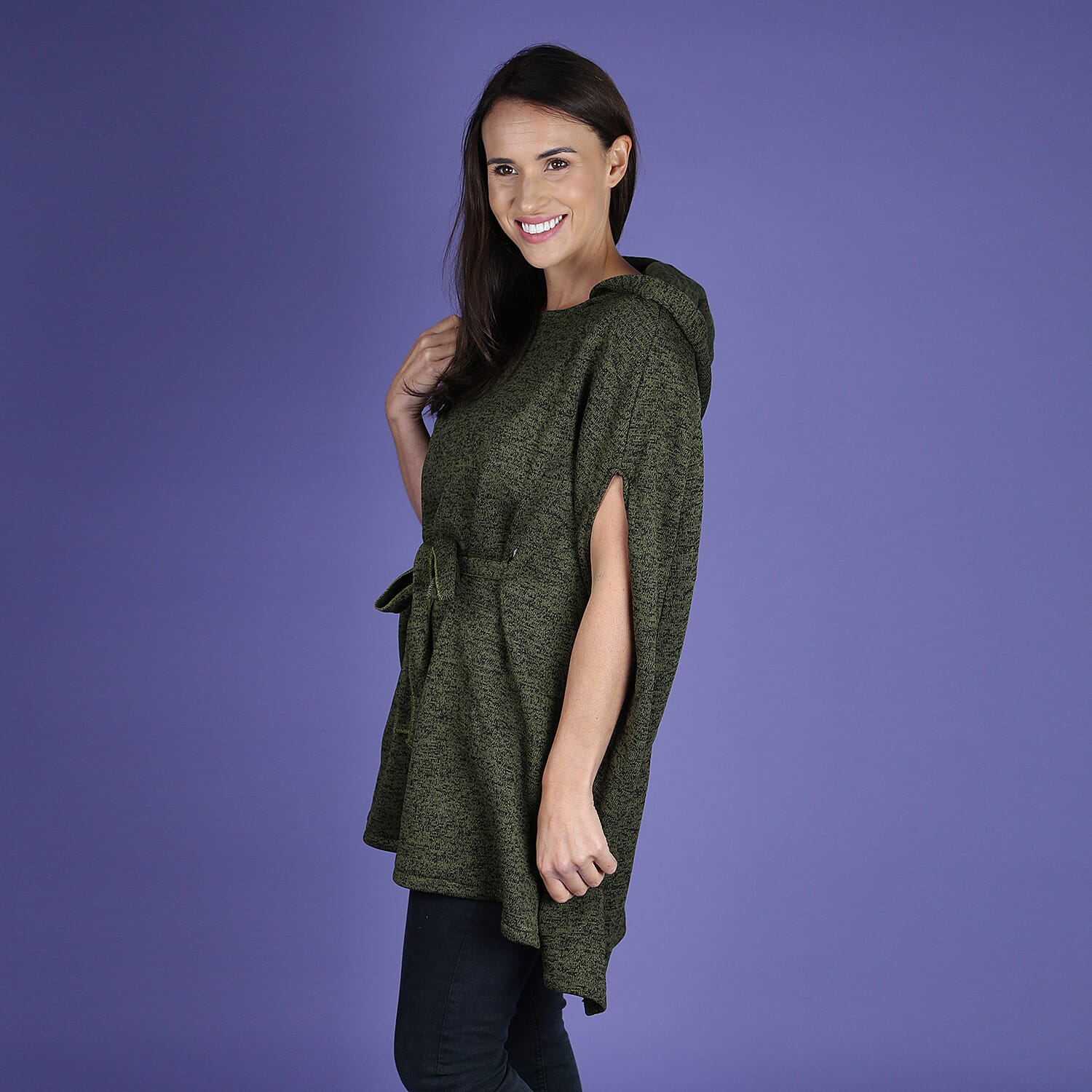 Green Knitted Poncho with Waistbelt (Size 55x77cm)