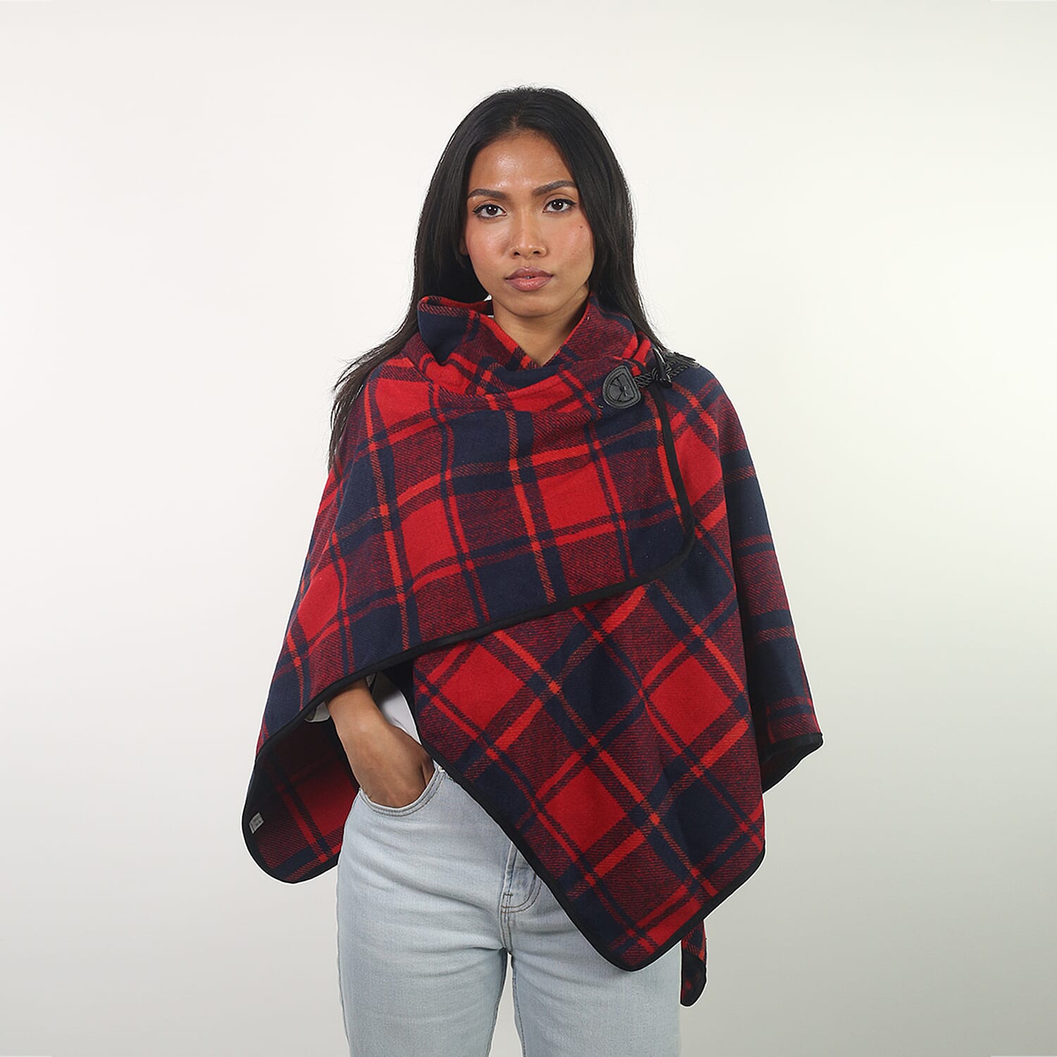 Red Check Knit Poncho 