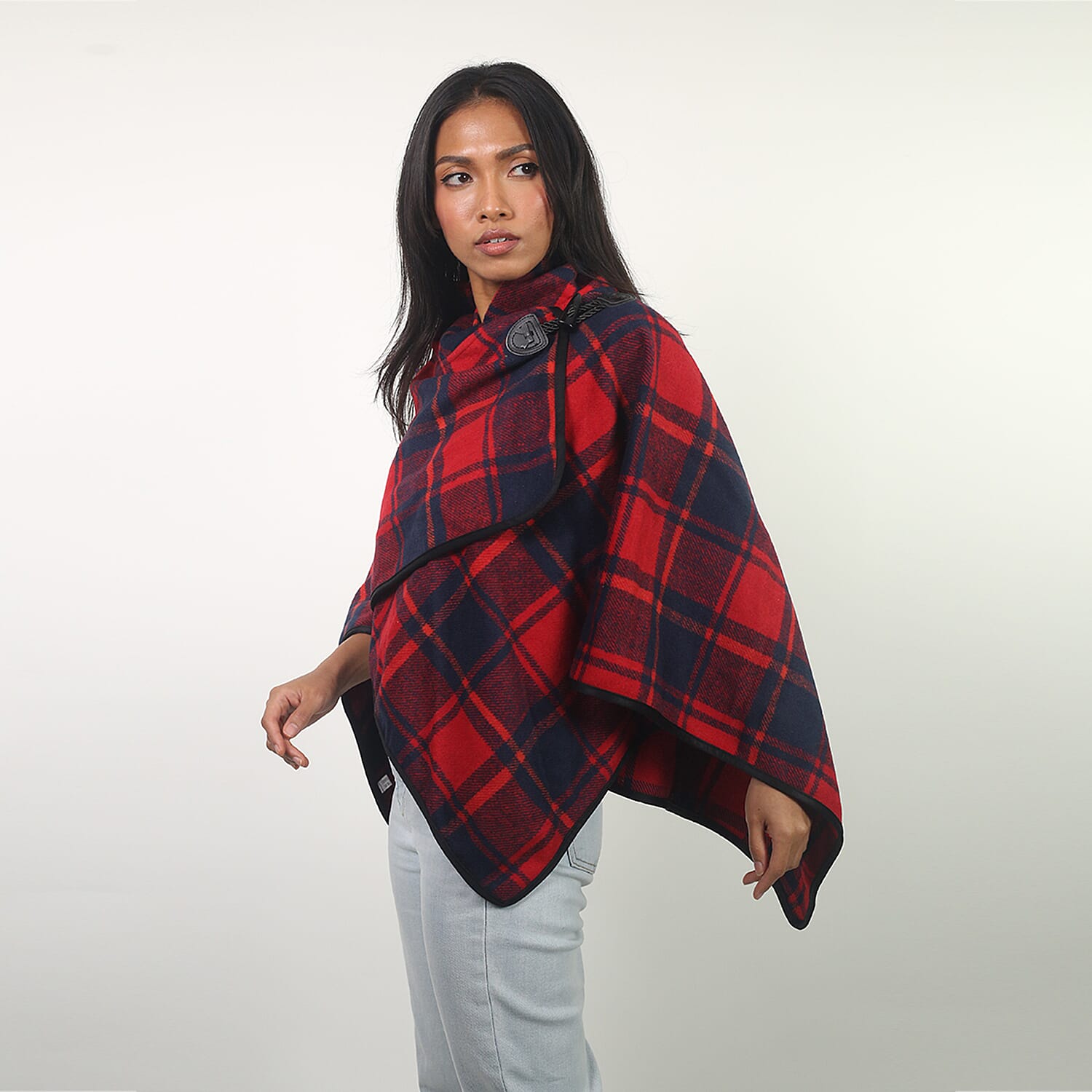 Red Check Knit Poncho 