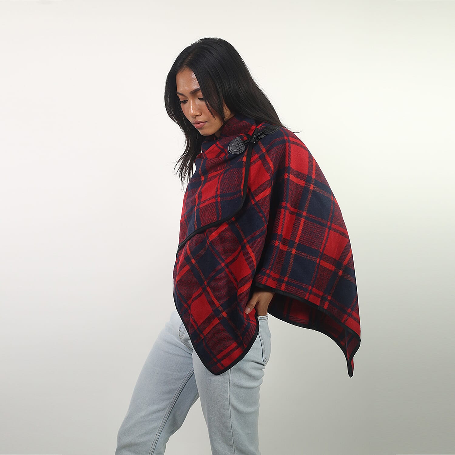 Red Check Knit Poncho 