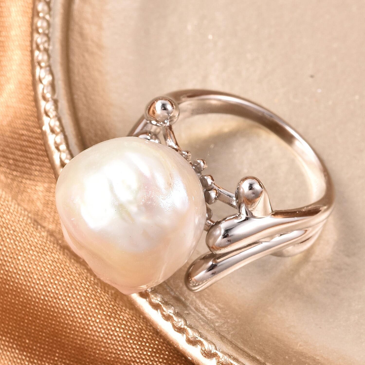 LucyQ -  Freshwater White Baroque Pearl Ring in Rhodium Overlay Sterling Silver