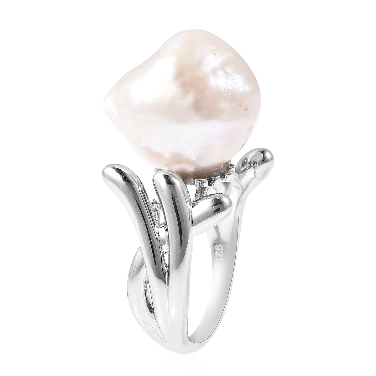 LucyQ -  Freshwater White Baroque Pearl Ring in Rhodium Overlay Sterling Silver
