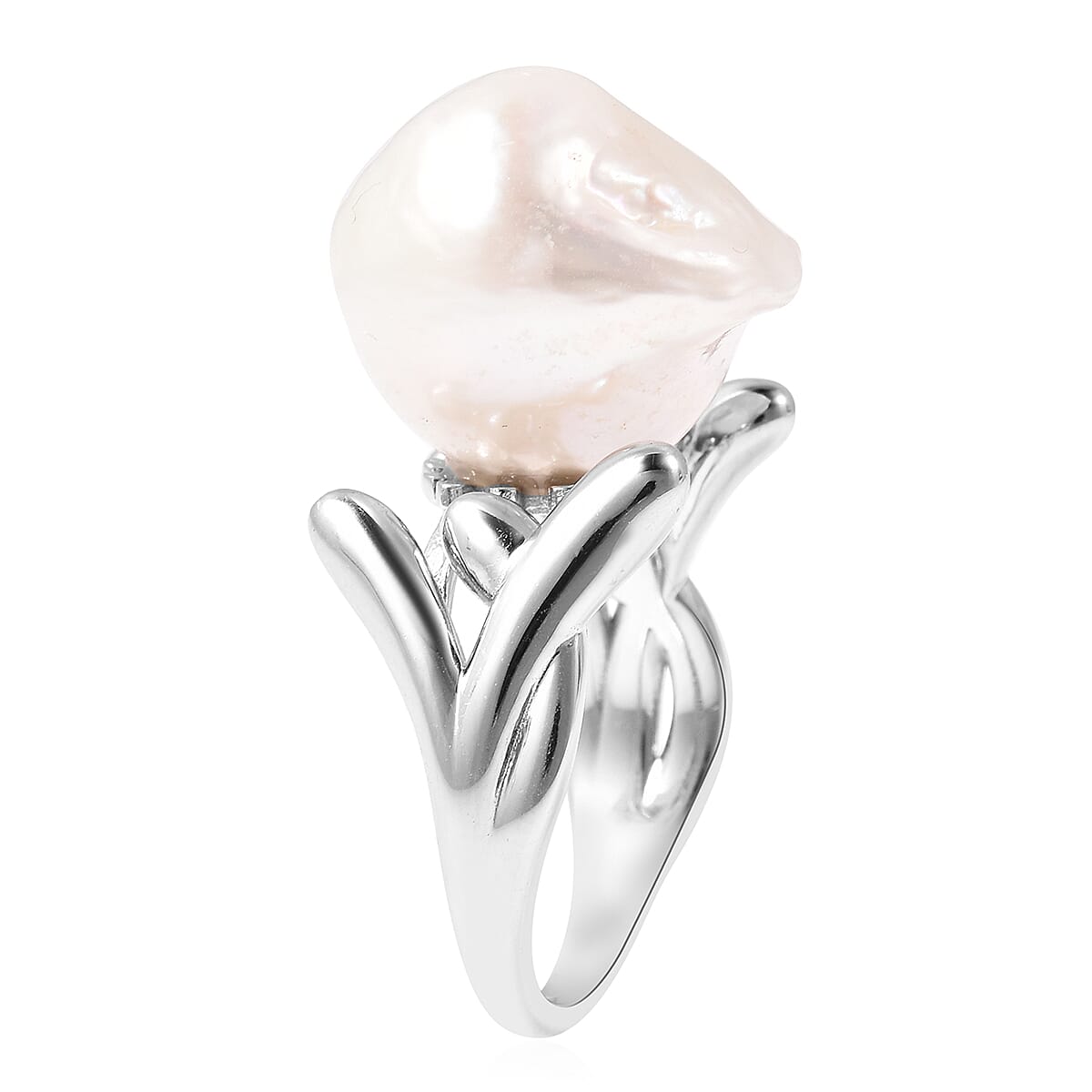 LucyQ -  Freshwater White Baroque Pearl Ring in Rhodium Overlay Sterling Silver