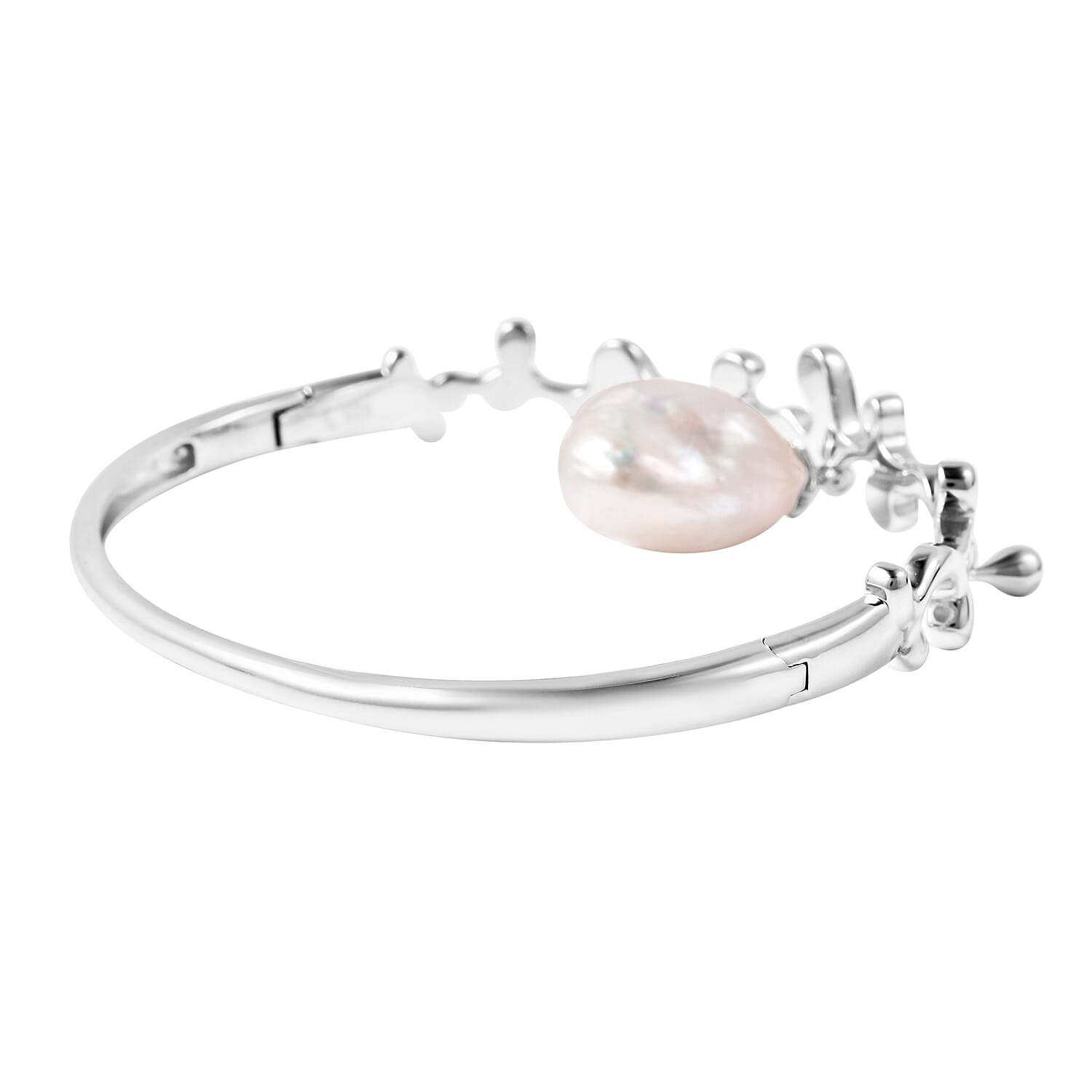 LucyQ Baroque Freshwater White Pearl Splash and Drip Design Bangle (Size 7.5) in Rhodium Overlay Sterling Silver, Silver Wt 21.17 Gms