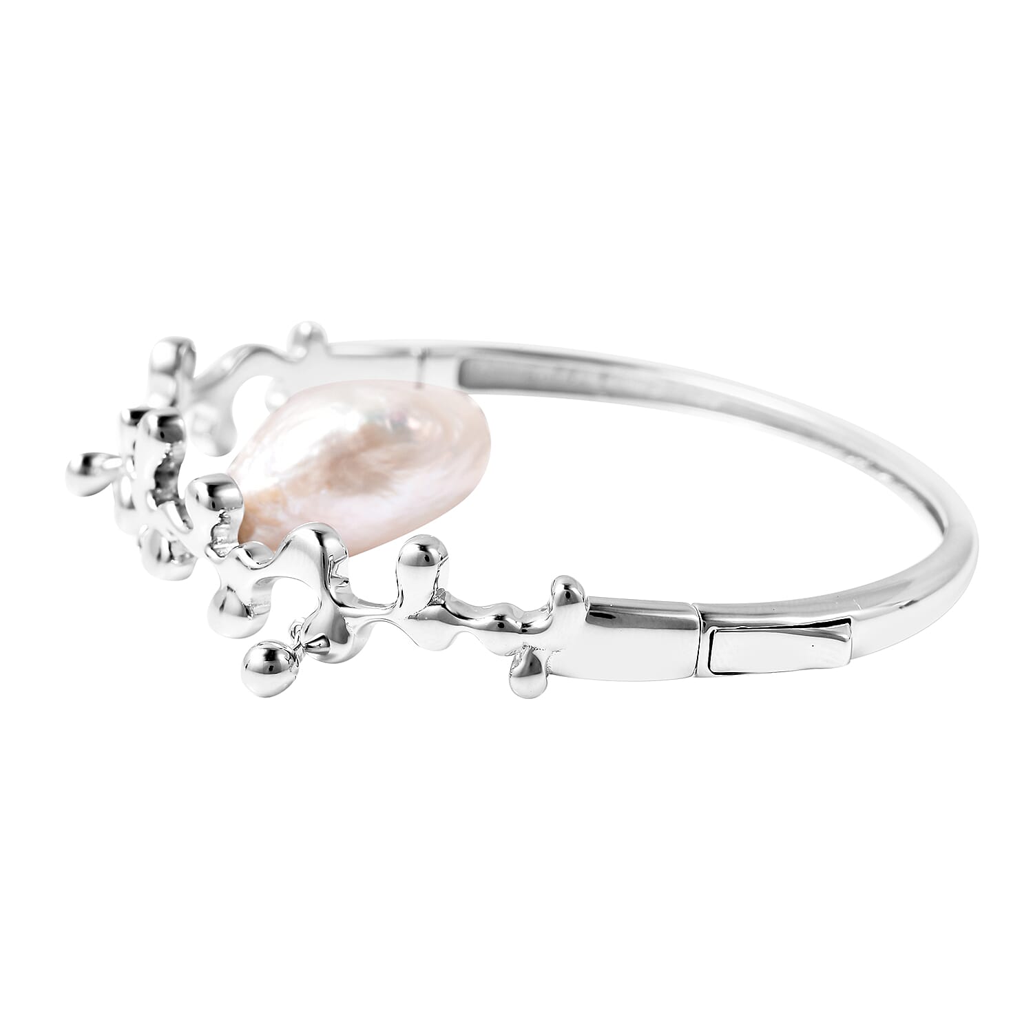 LucyQ Baroque Freshwater White Pearl Splash and Drip Design Bangle (Size 7.5) in Rhodium Overlay Sterling Silver, Silver Wt 21.17 Gms