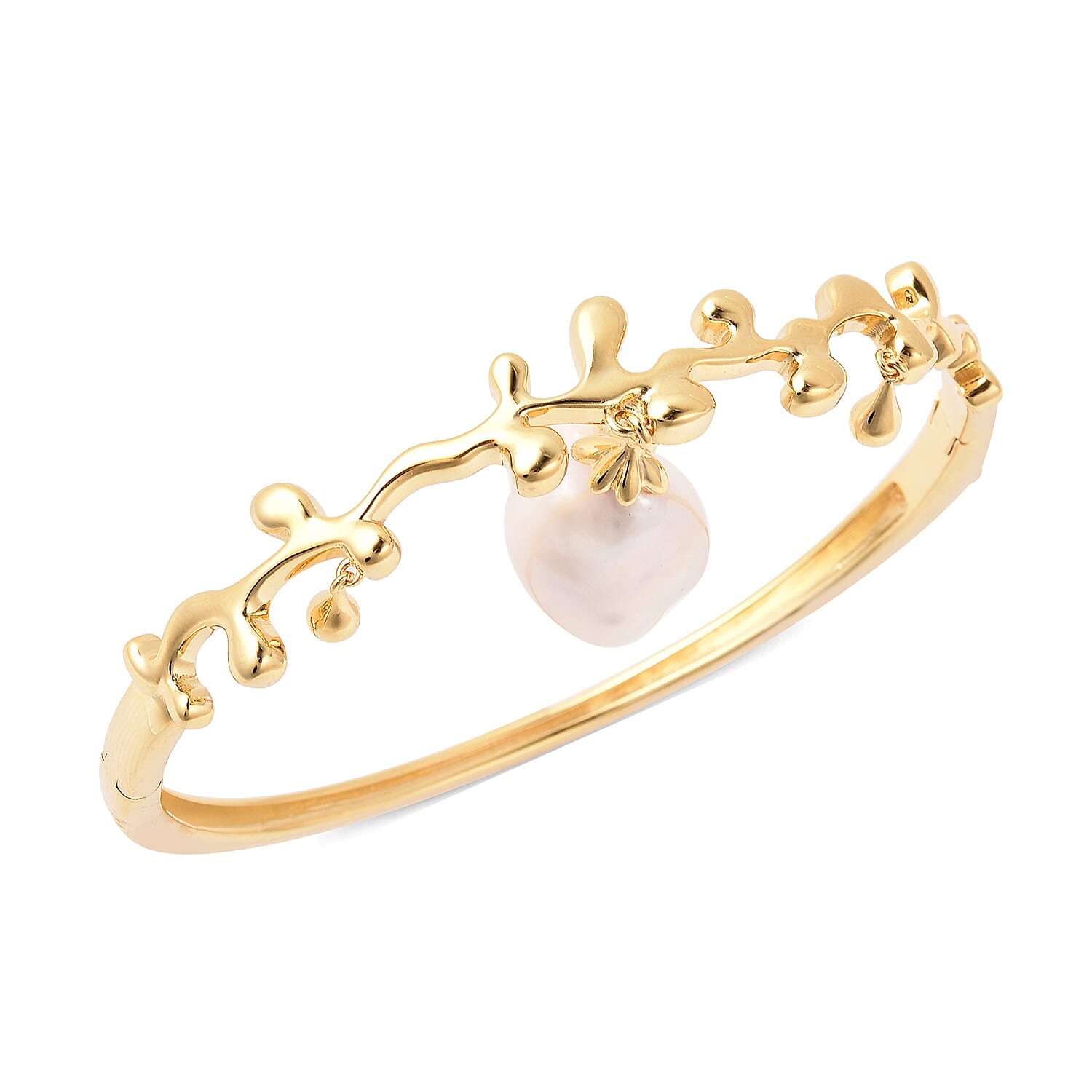 LucyQ Baroque Freshwater White Pearl Splash and Drip Design Bangle (Size 7.5) in Yellow Gold Overlay Sterling Silver, Silver wt 21.60 Gms