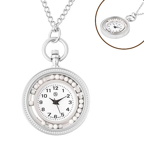 STRADA Japanese Movement Pocket Watch with Chain (Size 30) and Moving White Howlite Beads Around the Dial in Silver Tone