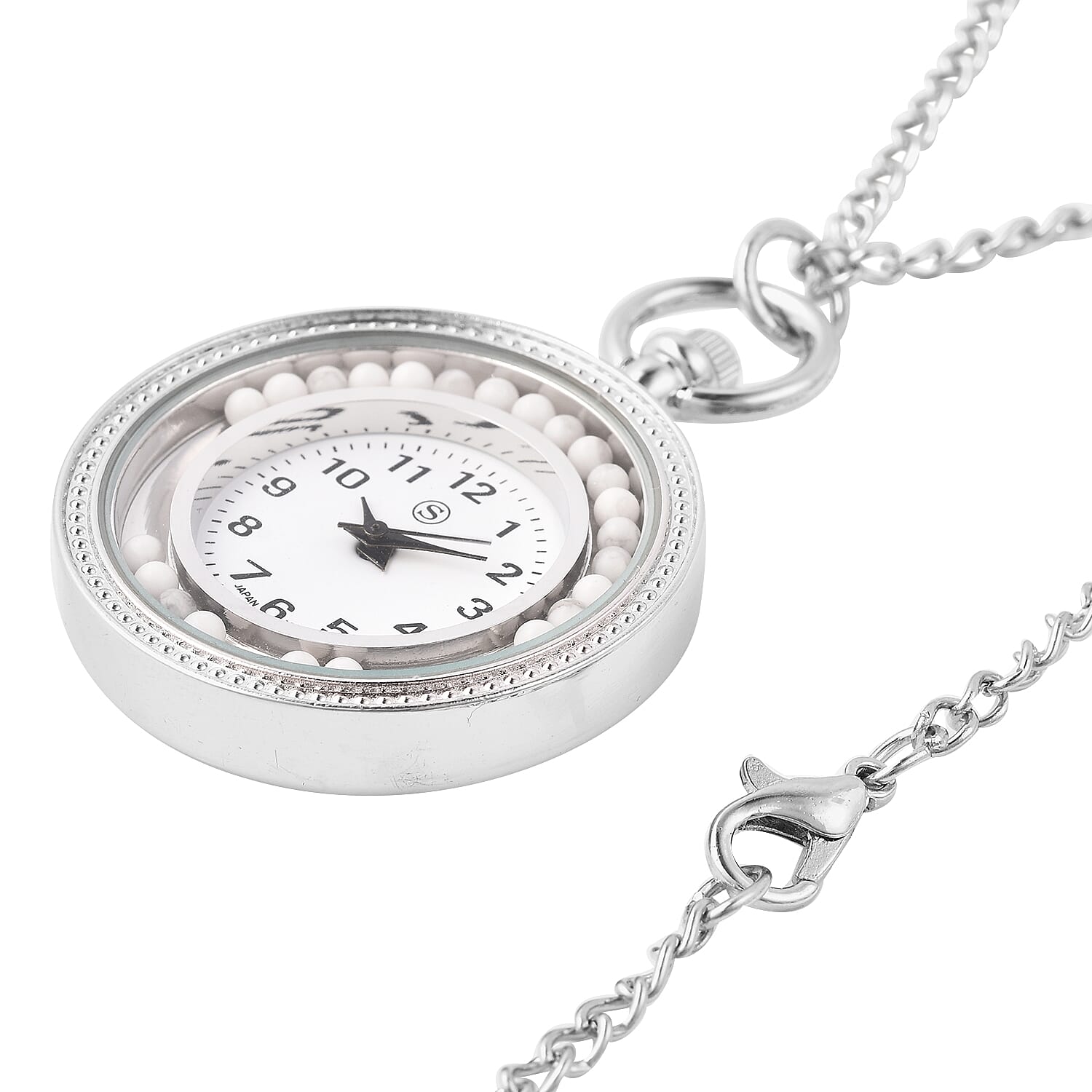 STRADA Japanese Movement Pocket Watch with Chain (Size 30) and Moving White Howlite Beads Around the Dial in Silver Tone