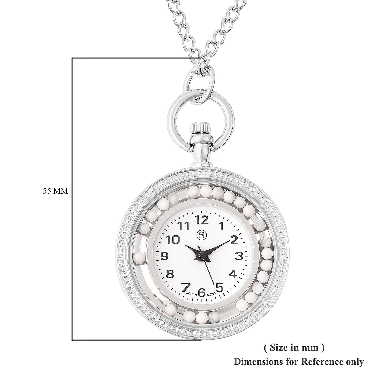 STRADA Japanese Movement Pocket Watch with Chain (Size 30) and Moving White Howlite Beads Around the Dial in Silver Tone