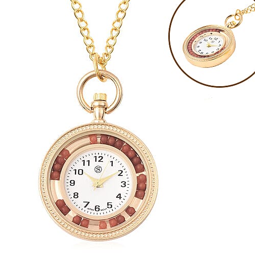 STRADA Japanese Movement Pocket Watch with Chain (Size 30) and Moving Red Agate Beads Around the Dial in Yellow Gold Tone